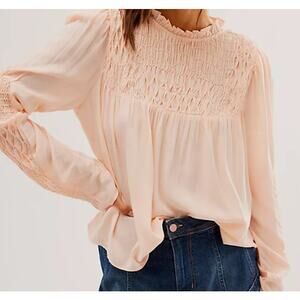 Free People Smocked In Time Ruffle Neck Blouse Pink Women's Size SP Boho Chic